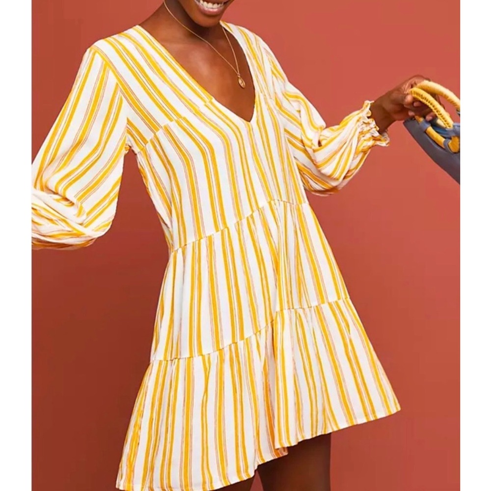 Faithfull The Brand Le Gallion Tiered Azure Stripe Dress US 6 Boho Mini Coastal